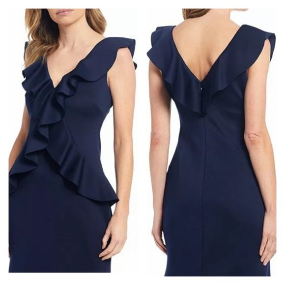 Jessica Howard Navy Blue  V neck Ruffle Bodice formal gown. Size 10 - Picture 2 of 2